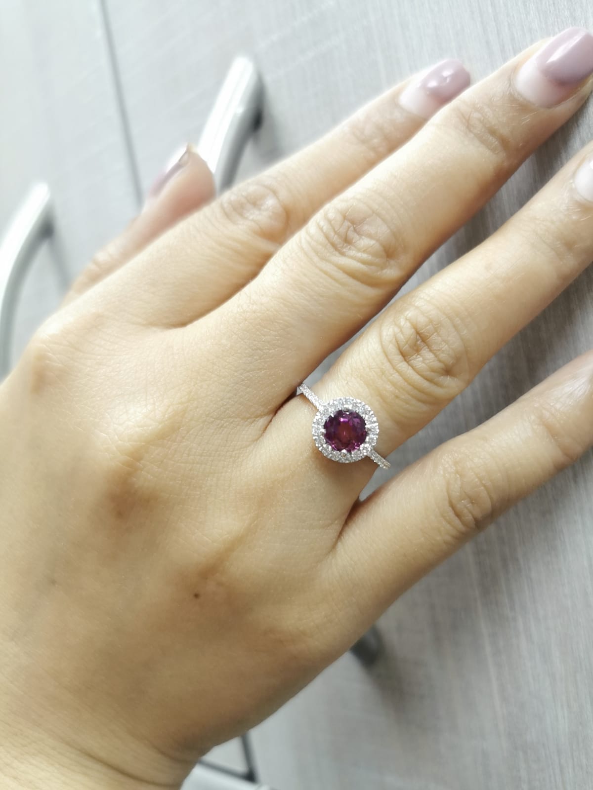 Round Rhodolite halo ring in 18K white gold with diamond-accented band – 1.35ct center, 0.40ct total diamonds