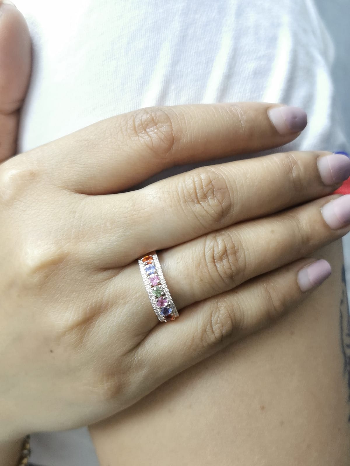 18K rose gold ring with rainbow sapphires and diamond accents – colorful stacking band