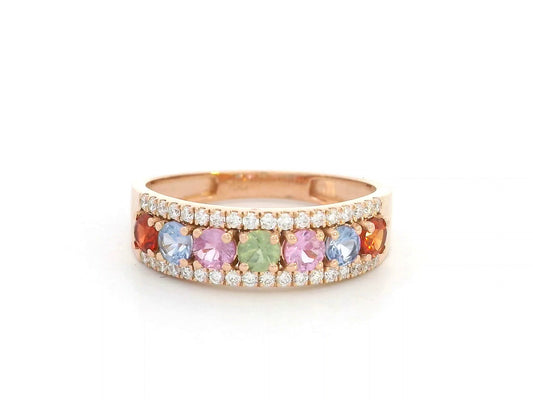 18K rose gold ring with rainbow sapphires and diamond accents – colorful stacking band