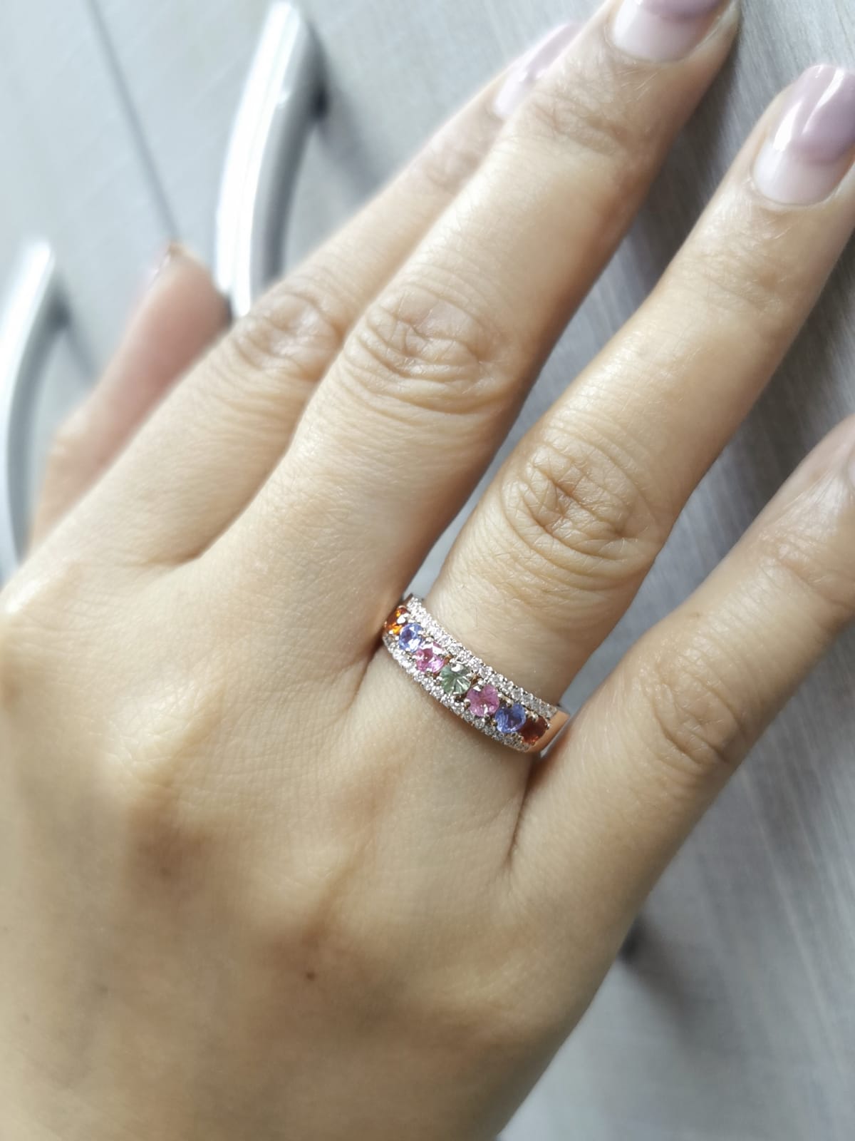 18K rose gold ring with rainbow sapphires and diamond accents – colorful stacking band