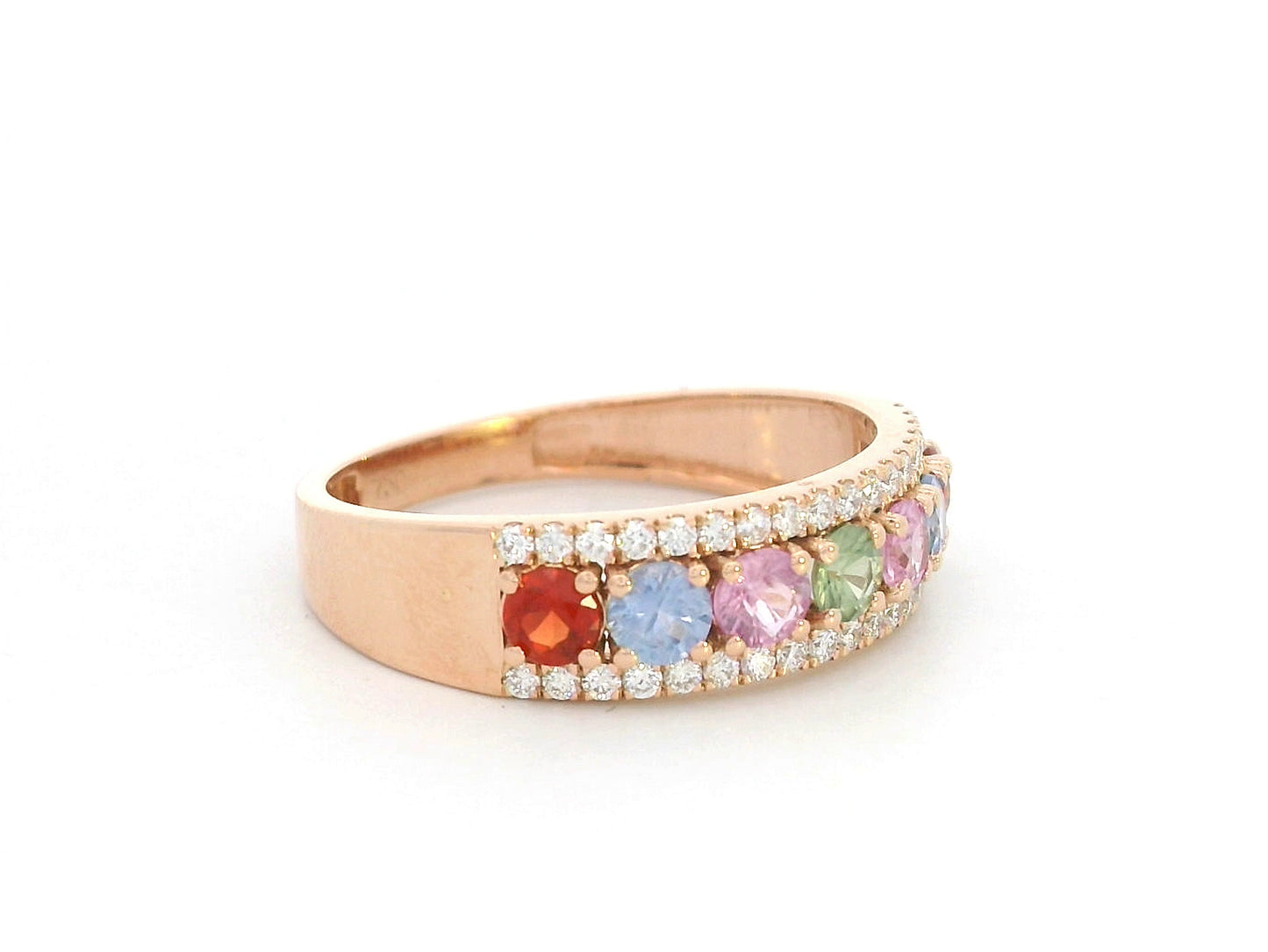 18K rose gold ring with rainbow sapphires and diamond accents – colorful stacking band