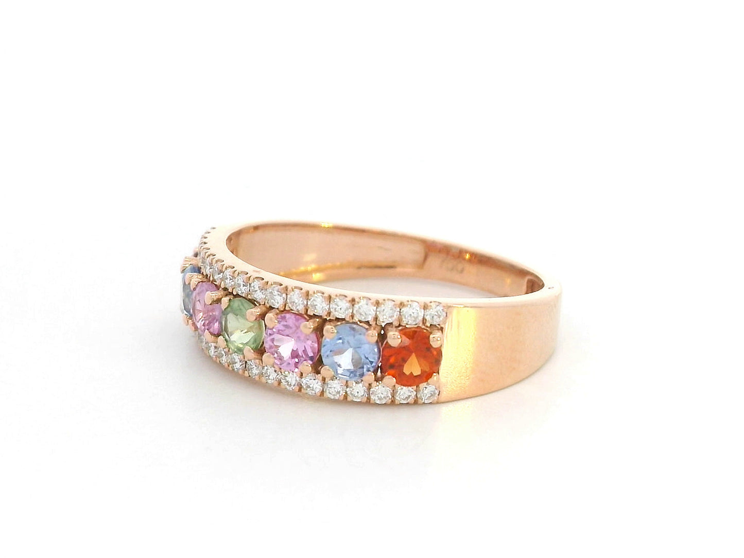 18K rose gold ring with rainbow sapphires and diamond accents – colorful stacking band