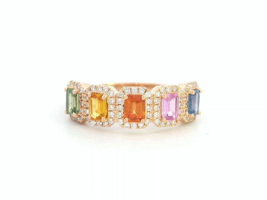 18K rose gold ring with emerald-cut multi-color sapphires and diamond halos