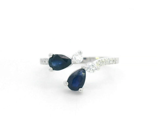 18K White Gold Toi et Moi Sapphire & Diamond Bypass Ring. Pear-Cut Blue Sapphires & Diamonds.