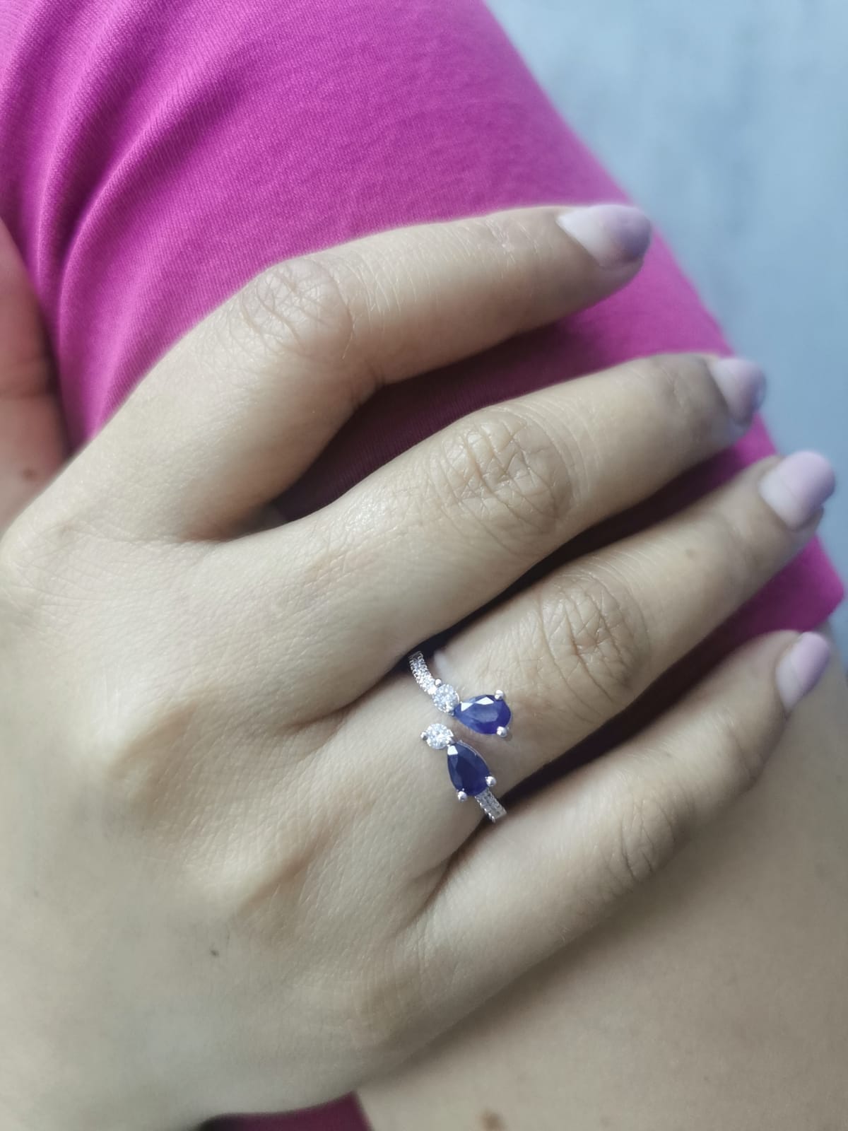 18K White Gold Toi et Moi Sapphire & Diamond Bypass Ring. Pear-Cut Blue Sapphires & Diamonds.
