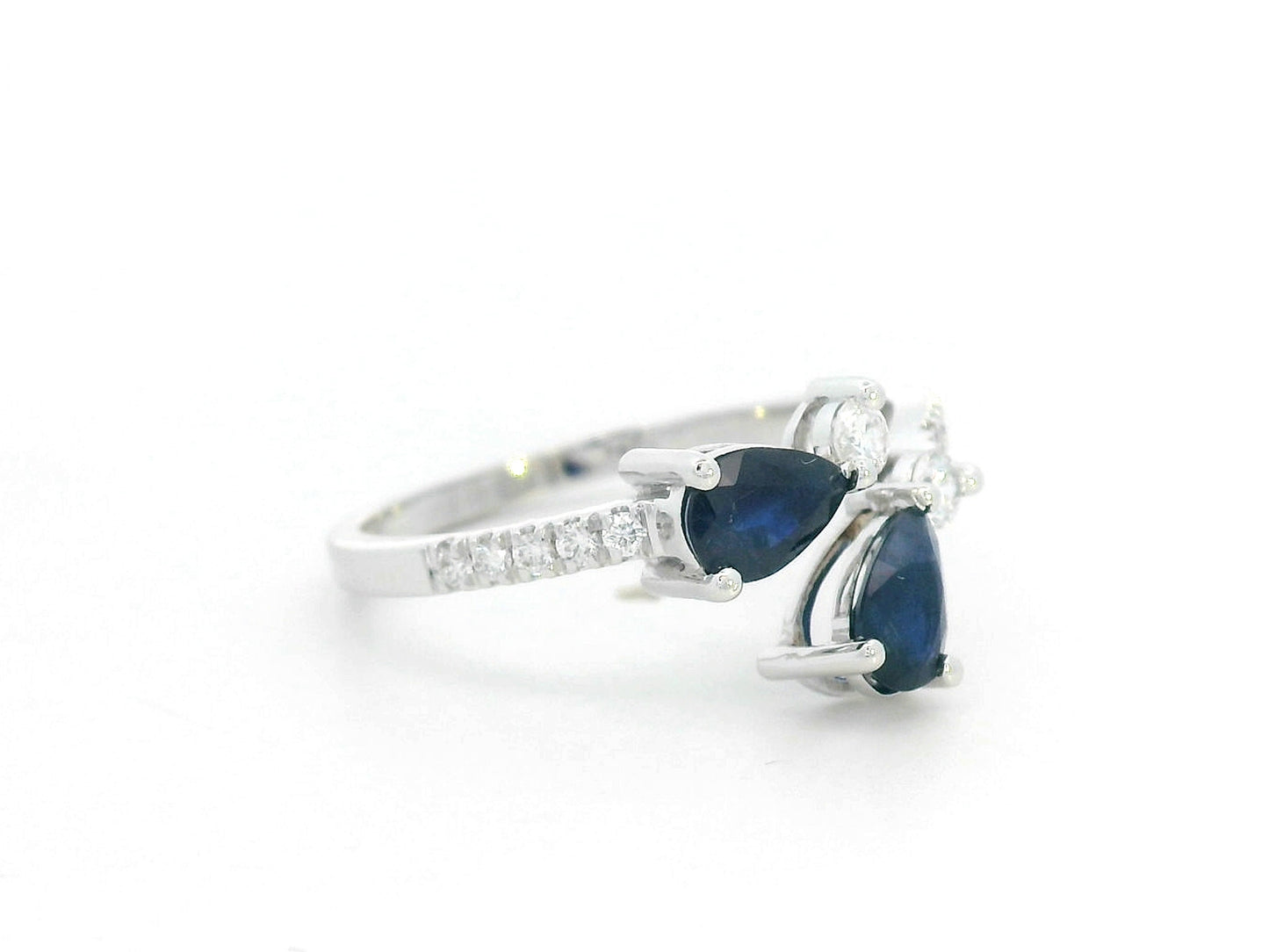 18K White Gold Toi et Moi Sapphire & Diamond Bypass Ring. Pear-Cut Blue Sapphires & Diamonds.