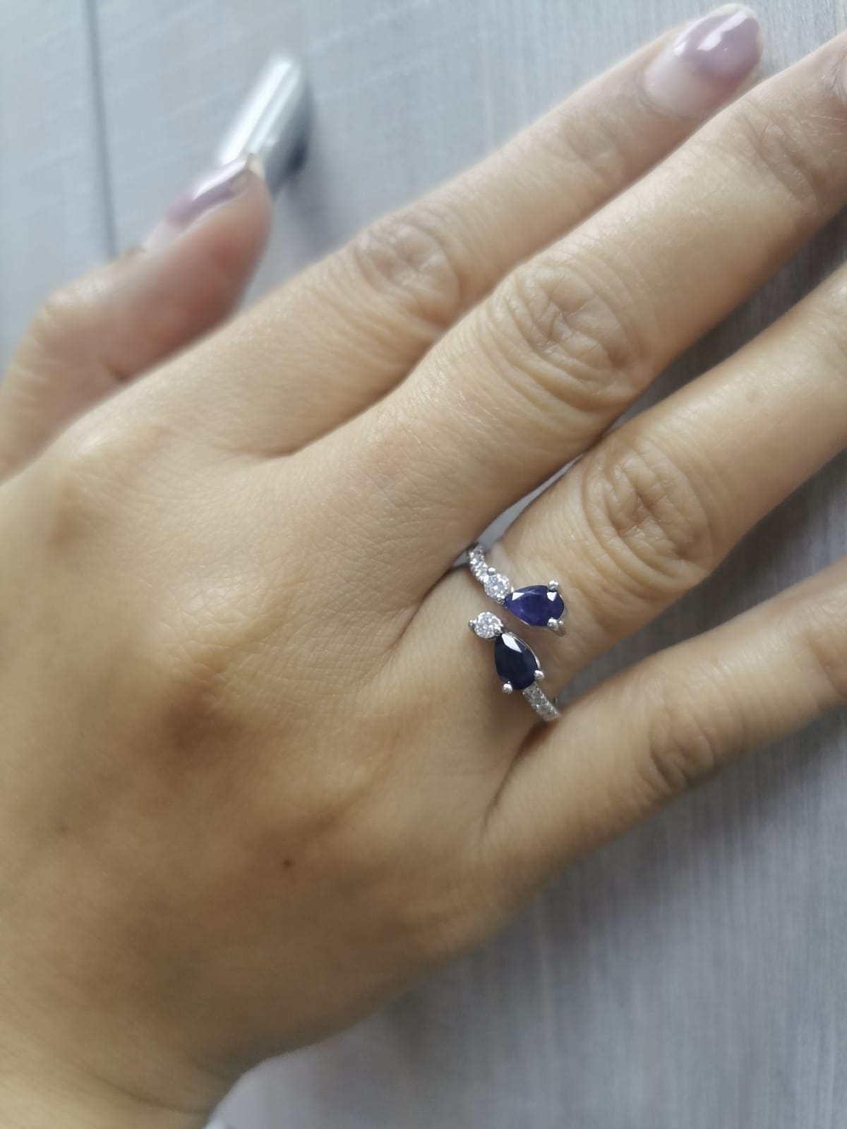 18K White Gold Toi et Moi Sapphire & Diamond Bypass Ring. Pear-Cut Blue Sapphires & Diamonds.