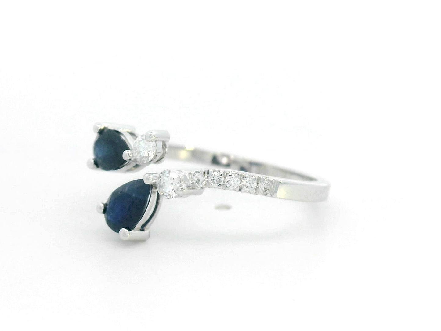 18K White Gold Toi et Moi Sapphire & Diamond Bypass Ring. Pear-Cut Blue Sapphires & Diamonds.