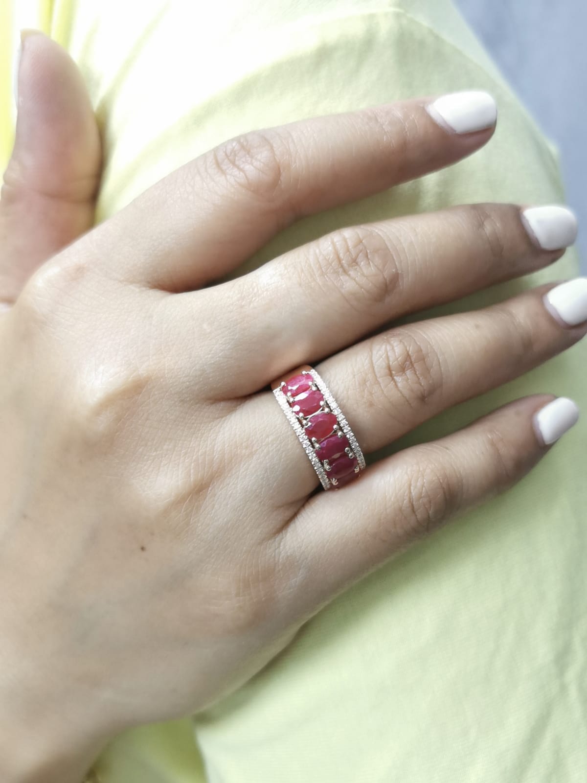 Bold red ruby and diamond stacking ring in 18K rose gold