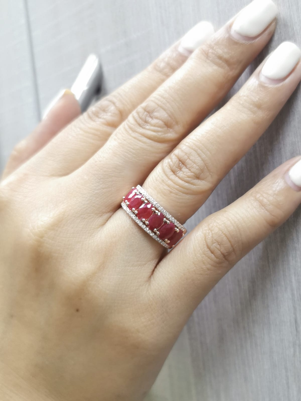 Bold red ruby and diamond stacking ring in 18K rose gold