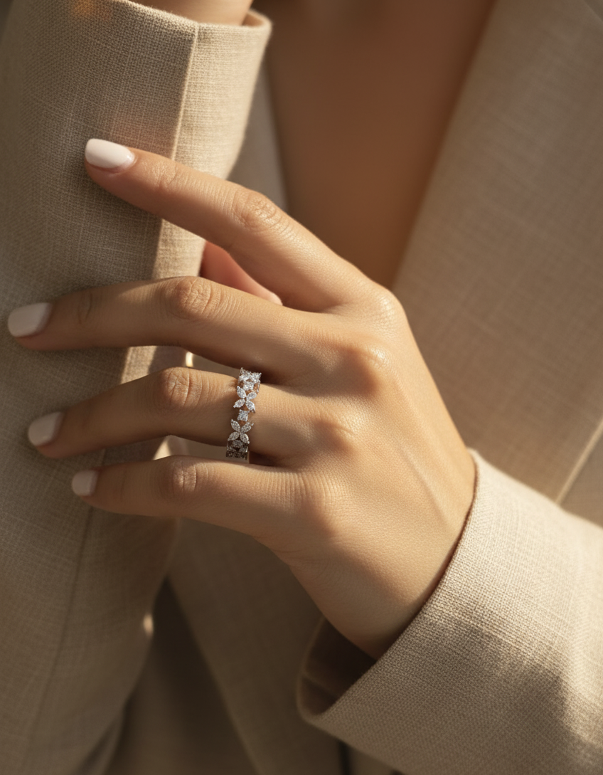 18K white gold floral diamond ring with marquise and round cut diamonds – 0.78ct by Emirates Diamonds