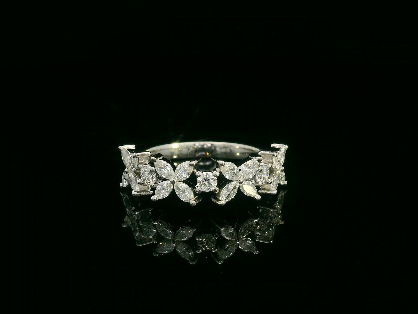 18K White Gold Floral Diamond Band Ring with 0.78 Carats of Marquise and Round Diamonds