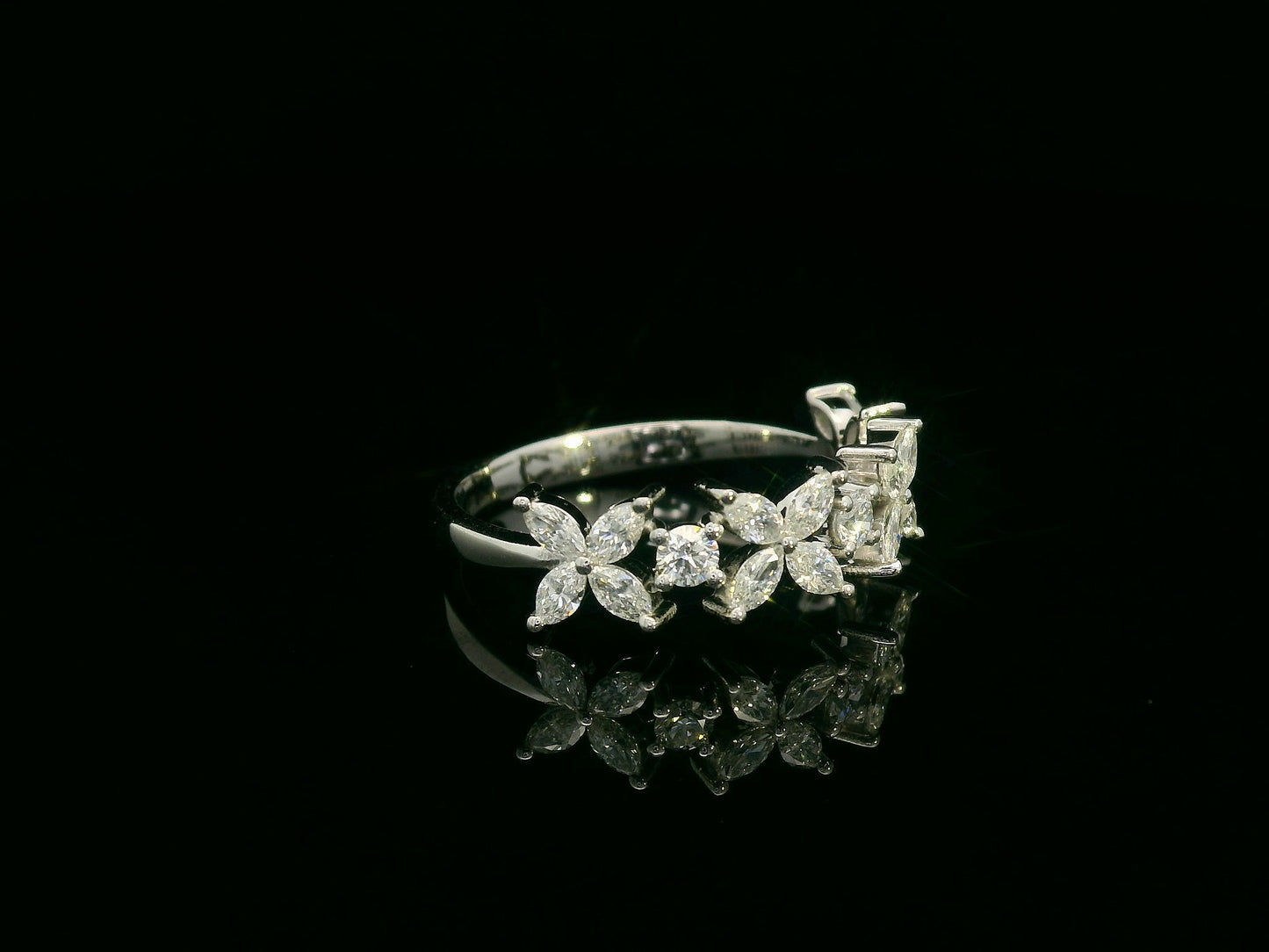 18K White Gold Floral Diamond Band Ring with 0.78 Carats of Marquise and Round Diamonds