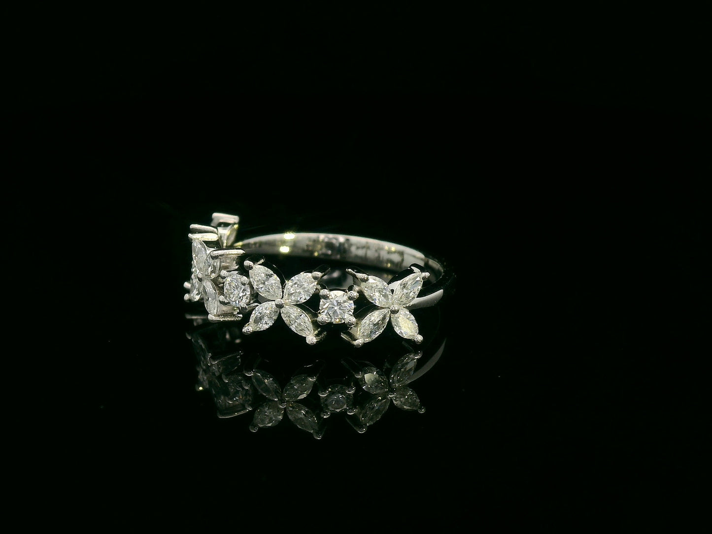 18K White Gold Floral Diamond Band Ring with 0.78 Carats of Marquise and Round Diamonds