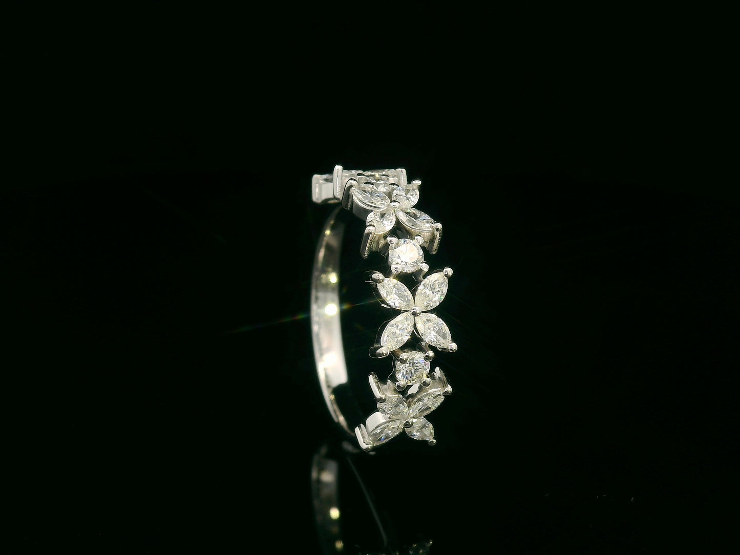 18K White Gold Floral Diamond Band Ring with 0.78 Carats of Marquise and Round Diamonds