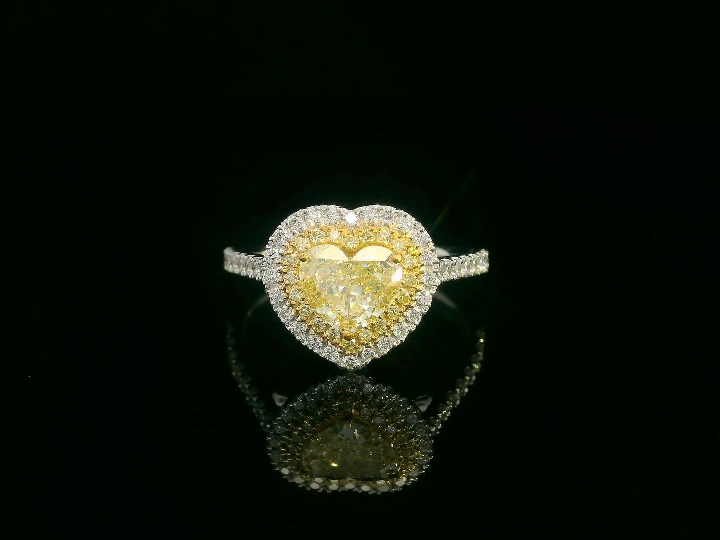 1.04ct Heart-Shaped Fancy Yellow Diamond Engagement Ring in 18k White Gold with 0.46ct Double Halo Diamond Accents, IGI Certified