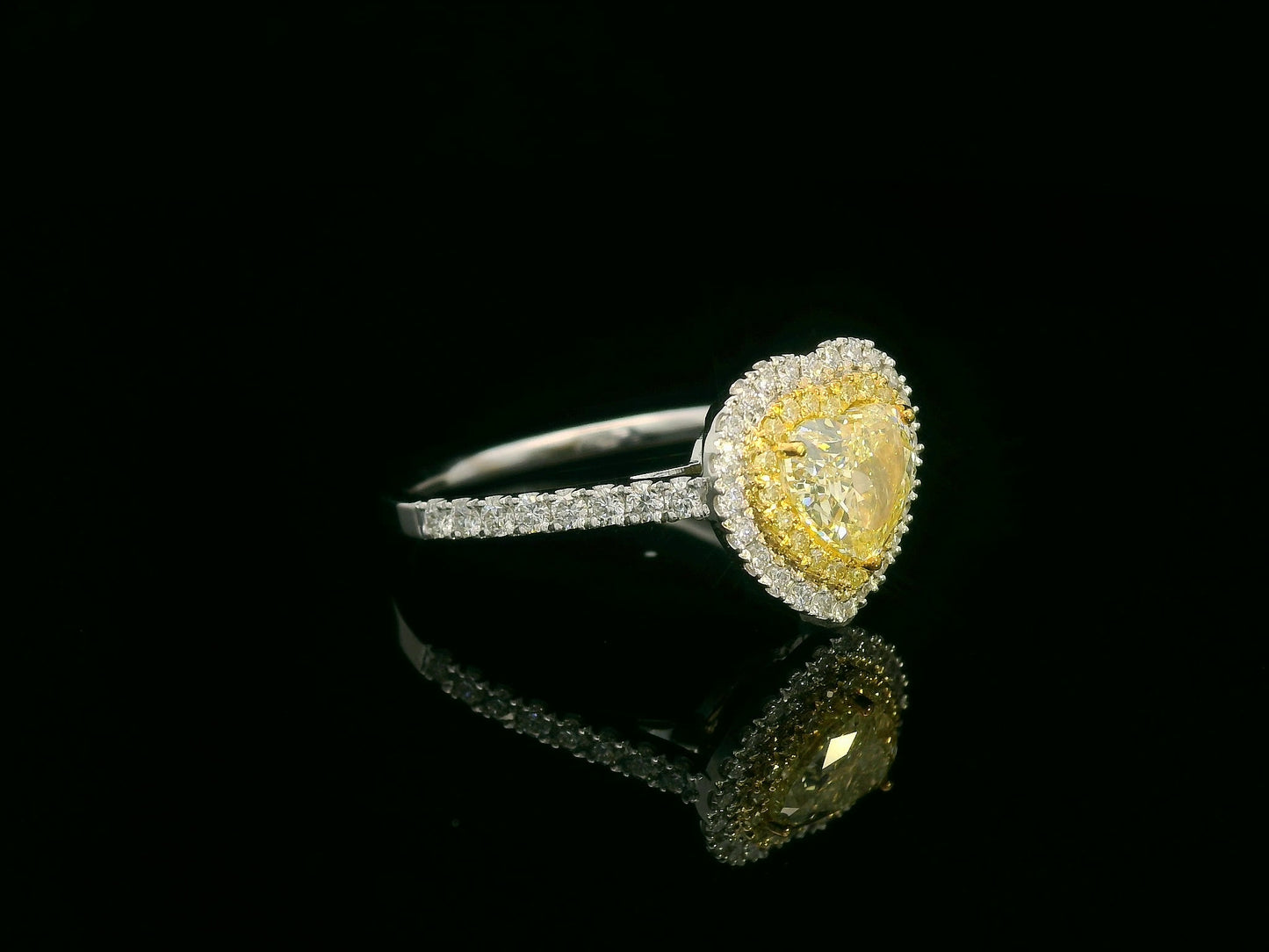 1.04ct Heart-Shaped Fancy Yellow Diamond Engagement Ring in 18k White Gold with 0.46ct Double Halo Diamond Accents, IGI Certified