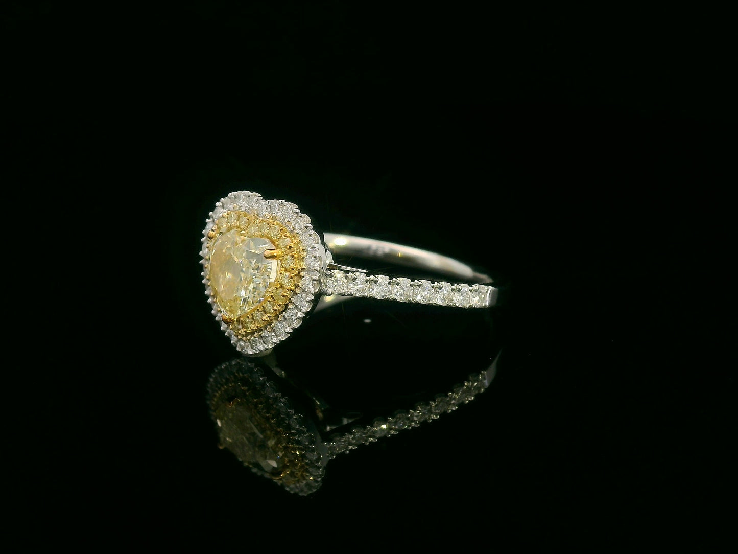 1.04ct Heart-Shaped Fancy Yellow Diamond Engagement Ring in 18k White Gold with 0.46ct Double Halo Diamond Accents, IGI Certified