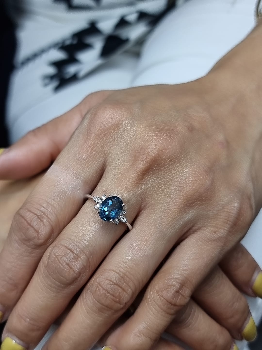 18k White Gold Oval Shape London Blue Topaz & Diamond Floral Ring