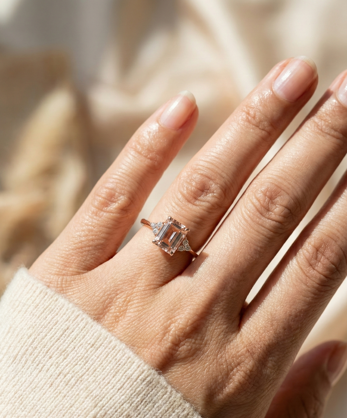 18K Rose Gold Emerald-Cut Morganite and Diamond Cluster Ring –