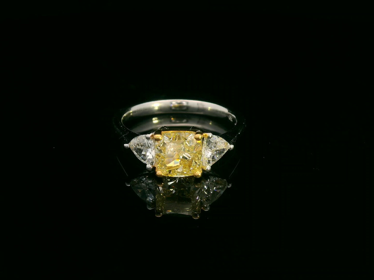 1.51ct Cushion Cut Fancy Yellow Diamond Ring 18K White Gold Trillion Diamond Accent IGI Certified