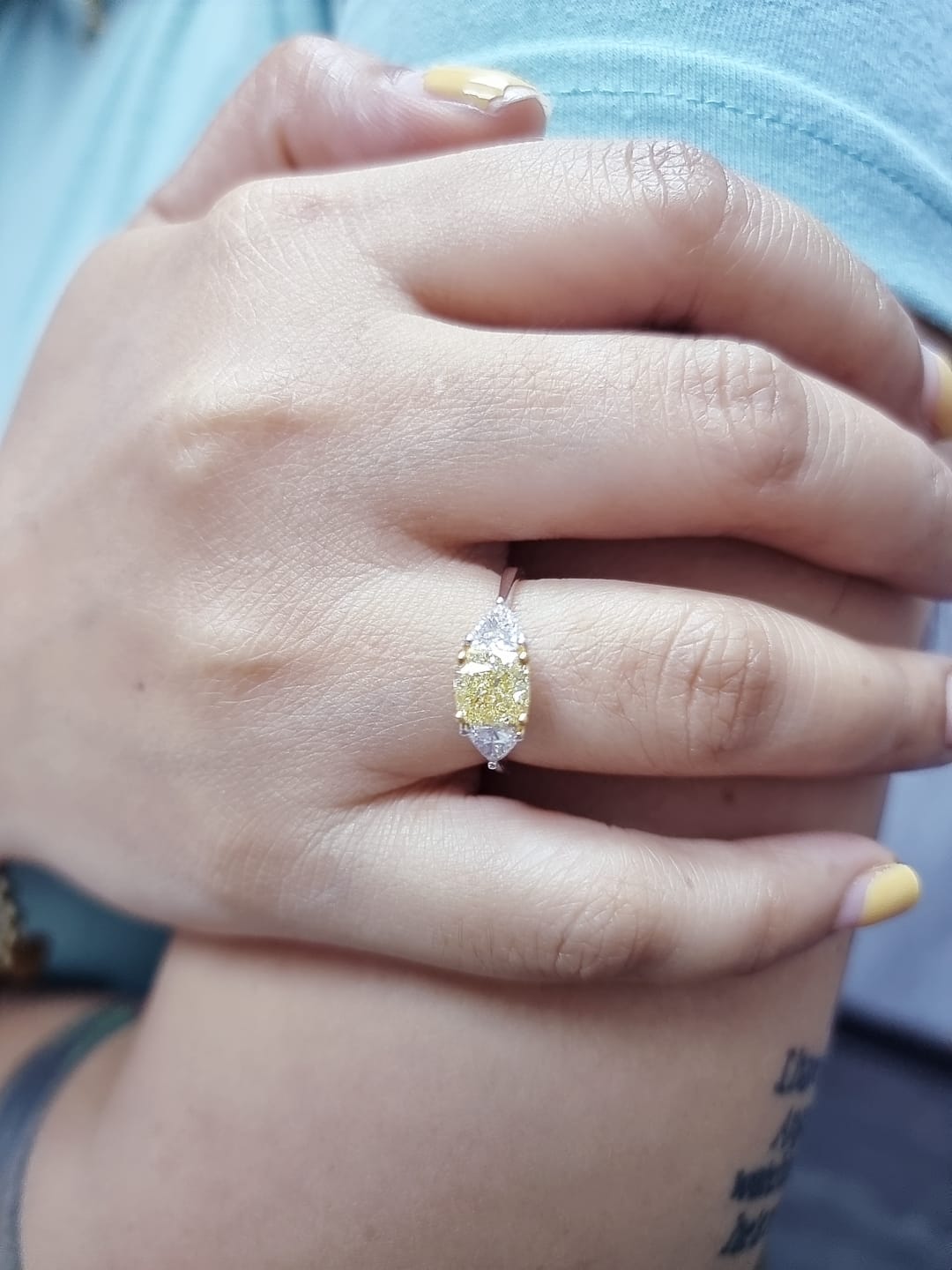1.51ct Cushion Cut Fancy Yellow Diamond Ring 18K White Gold Trillion Diamond Accent IGI Certified
