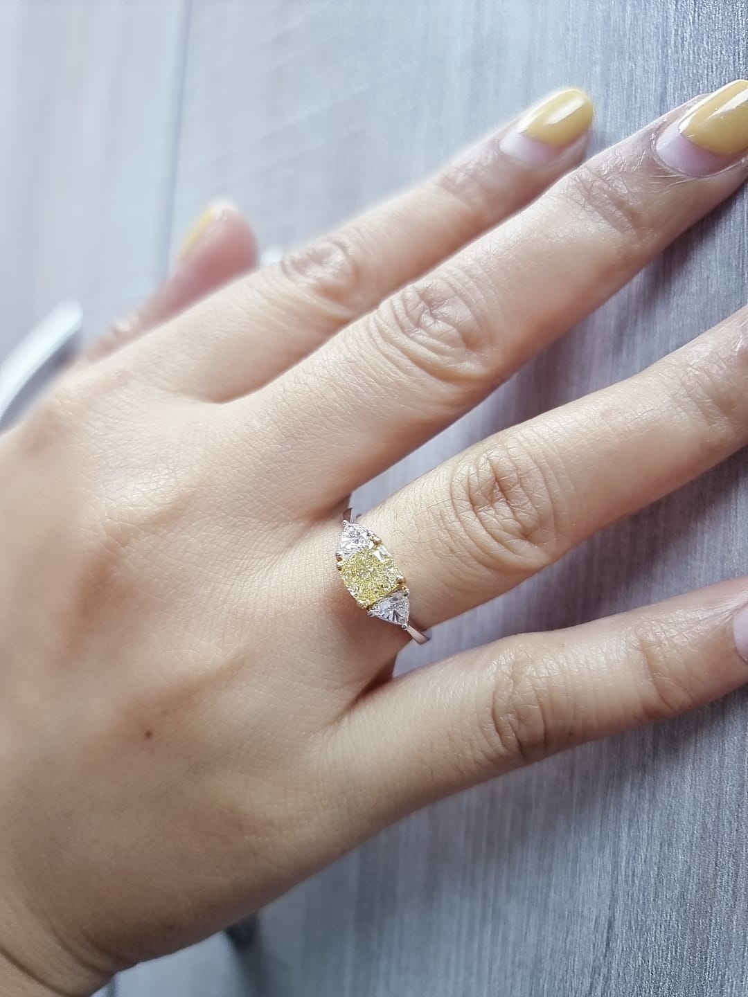 1.51ct Cushion Cut Fancy Yellow Diamond Ring 18K White Gold Trillion Diamond Accent IGI Certified
