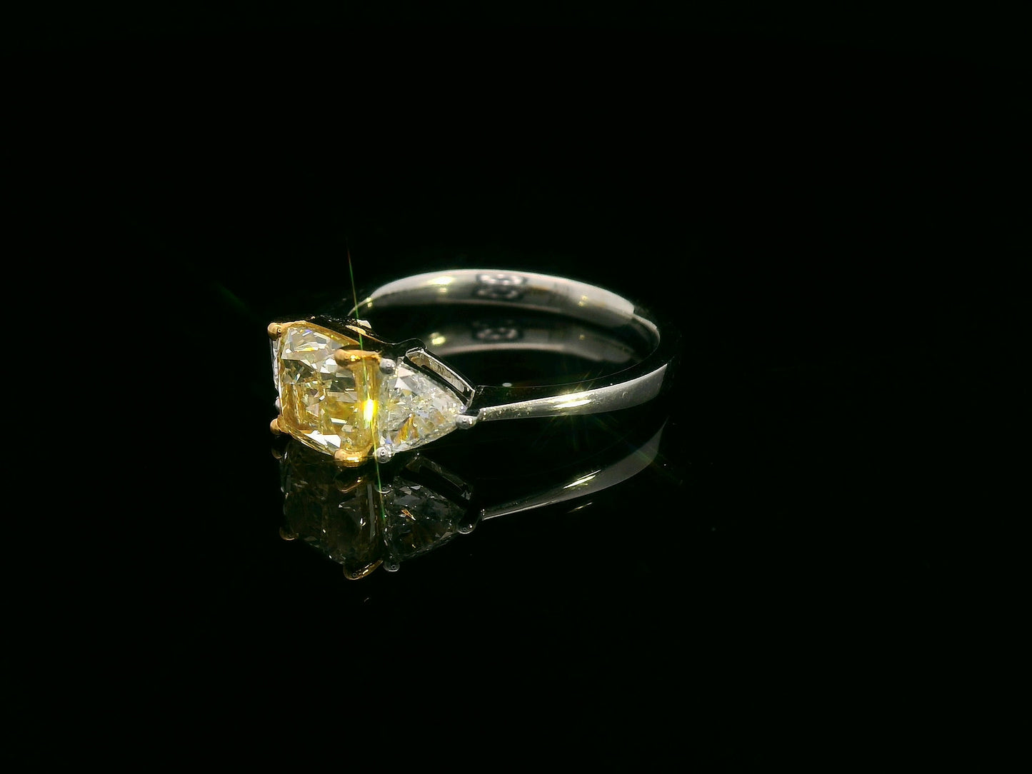 1.51ct Cushion Cut Fancy Yellow Diamond Ring 18K White Gold Trillion Diamond Accent IGI Certified