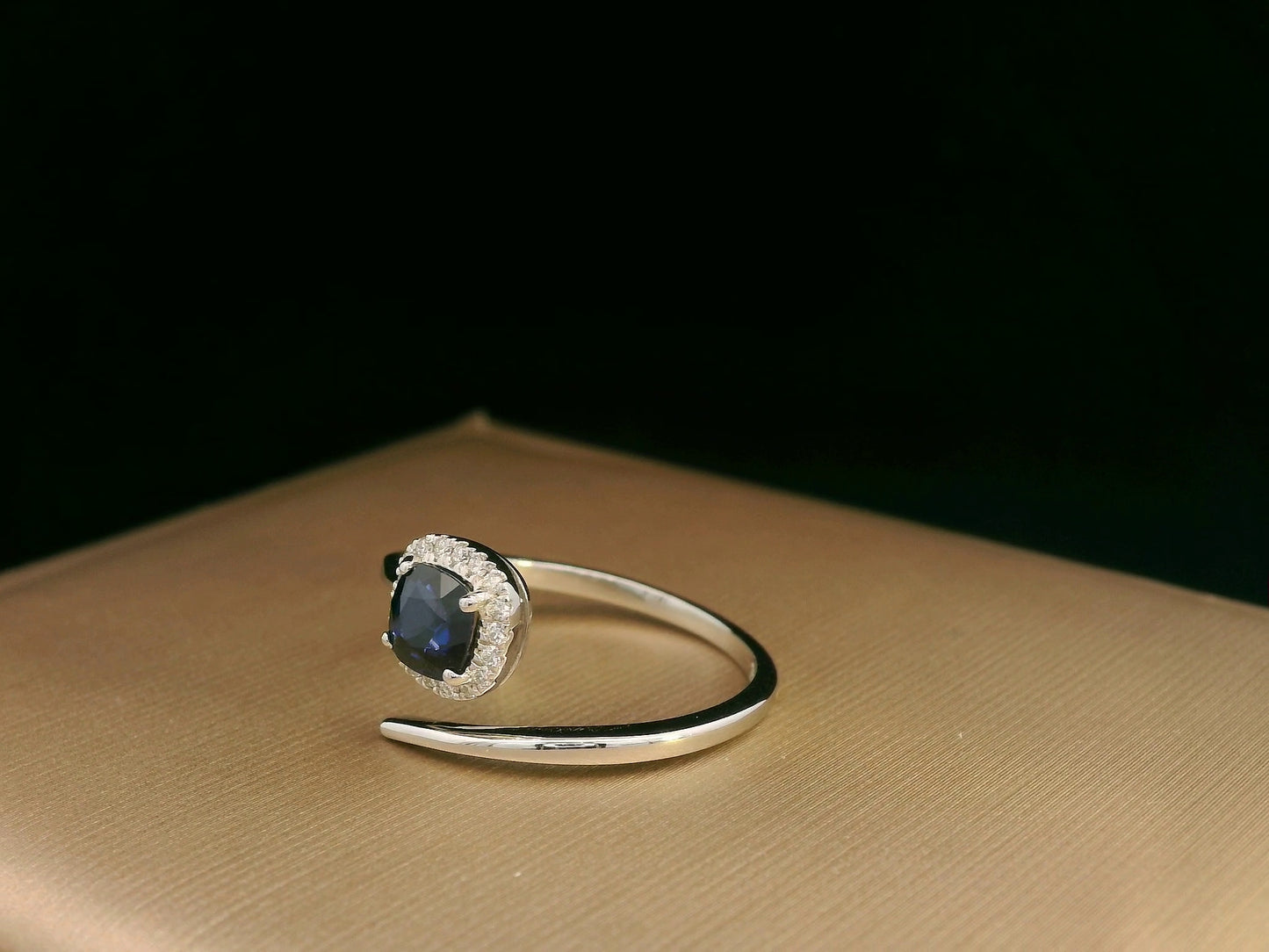 18K White Gold Blue Sapphire and Diamond Halo Bypass Ring – 0.59ct Sapphire