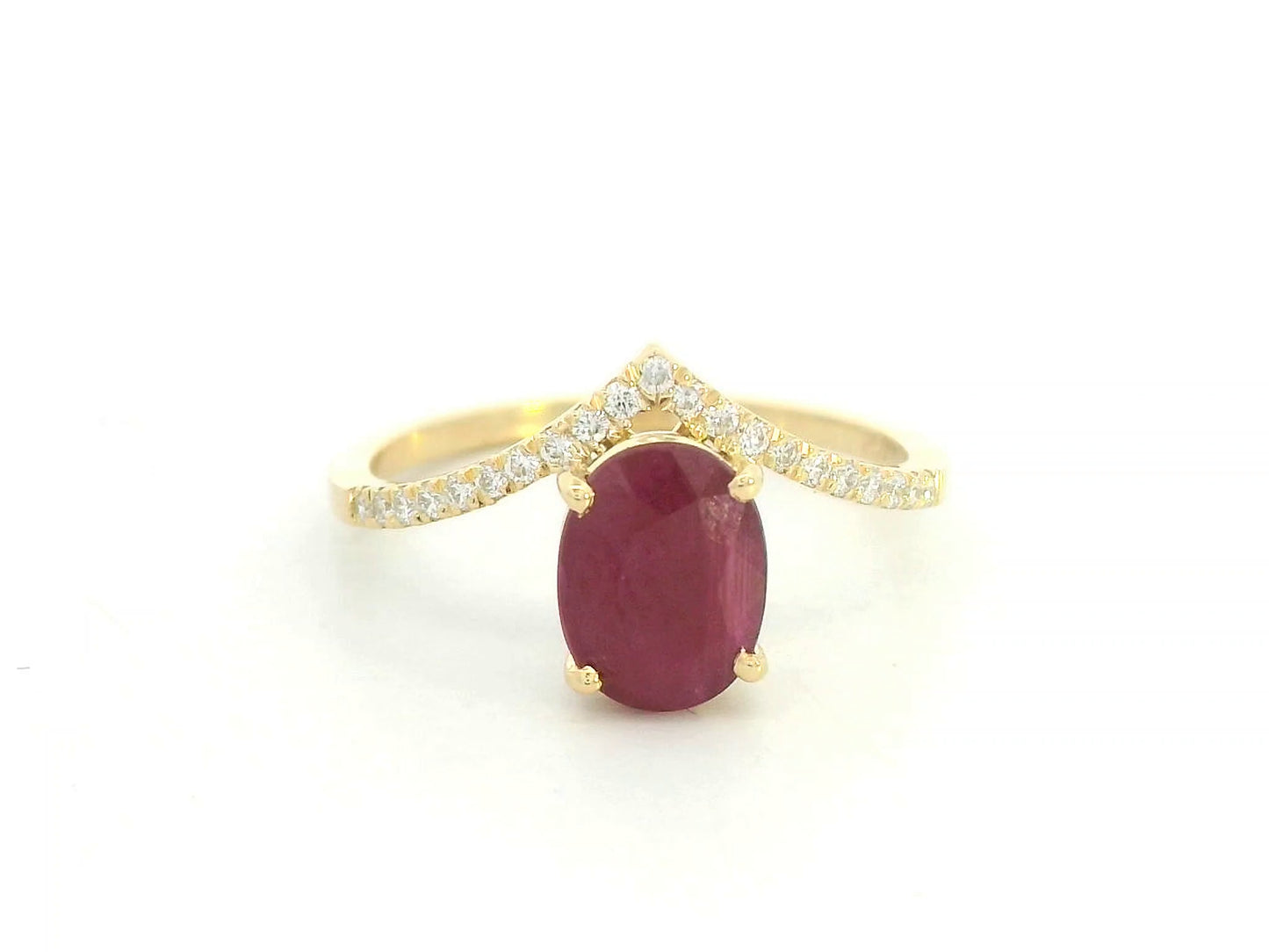 18K Yellow Gold Oval Ruby and Diamond Wishbone Ring