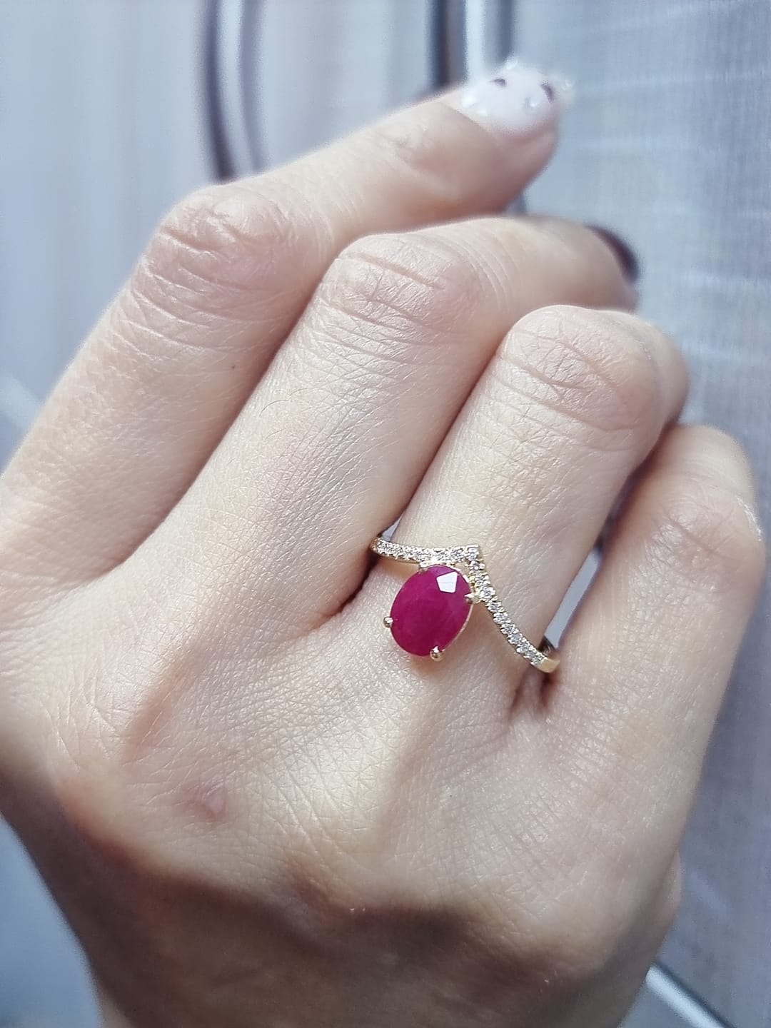18K Yellow Gold Oval Ruby and Diamond Wishbone Ring