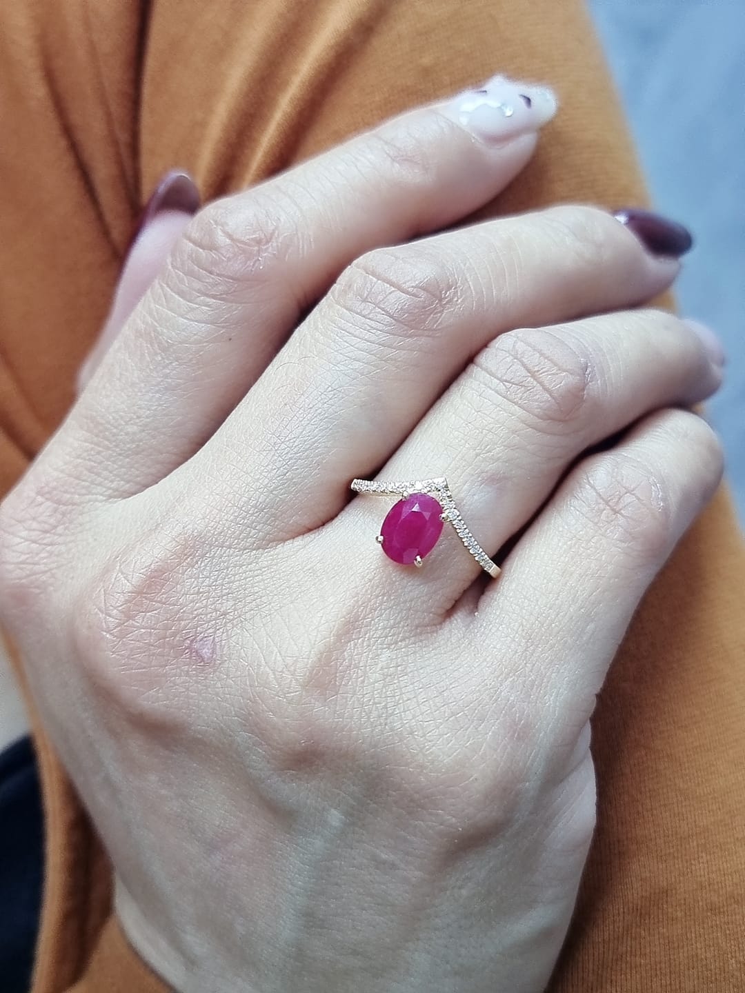 18K Yellow Gold Oval Ruby and Diamond Wishbone Ring