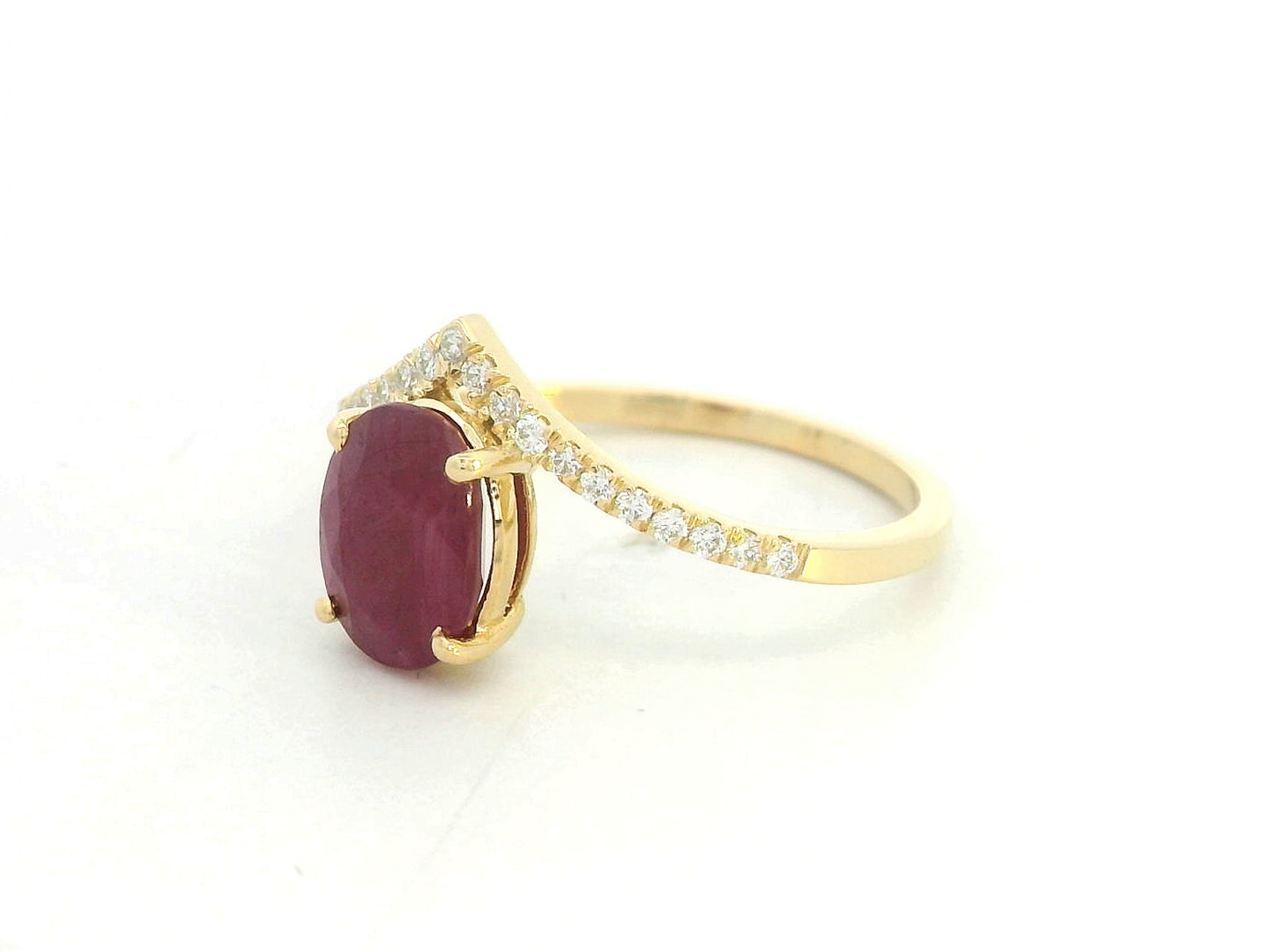 18K Yellow Gold Oval Ruby and Diamond Wishbone Ring