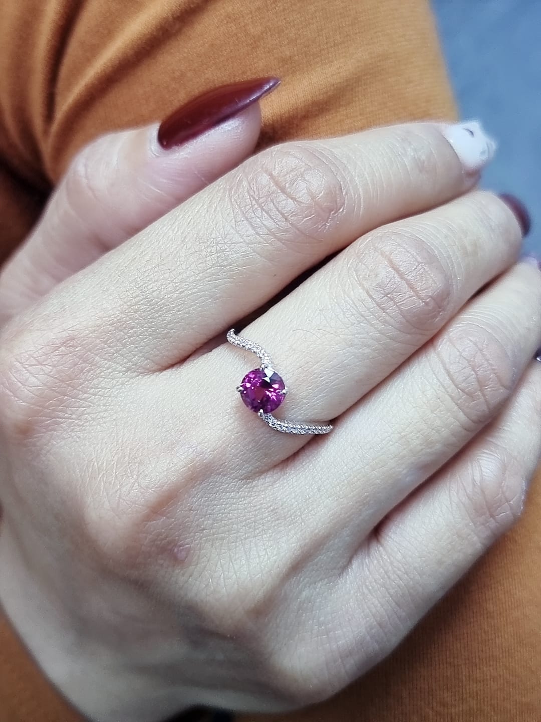 18K White Gold Rhodolite and Diamond Curve Ring