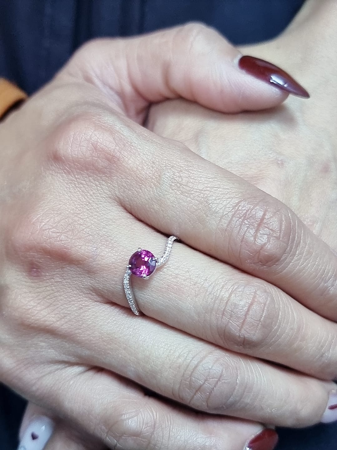 18K White Gold Rhodolite and Diamond Curve Ring