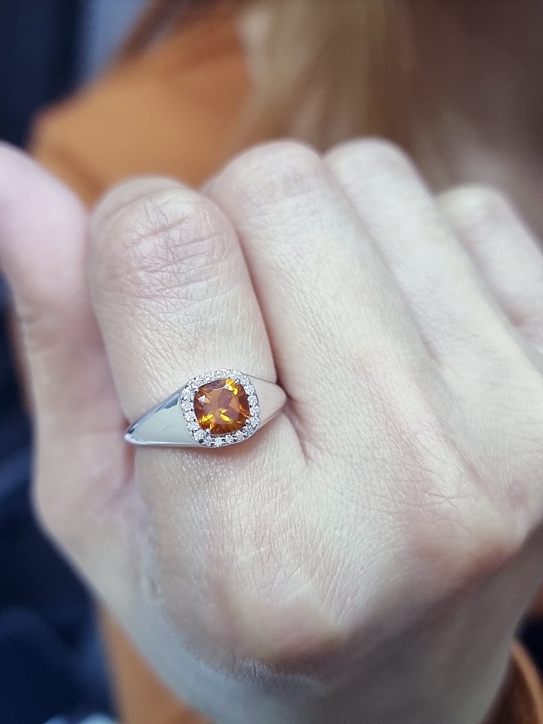 18K White Gold Cushion-Cut Citrine and Diamond Halo Ring
