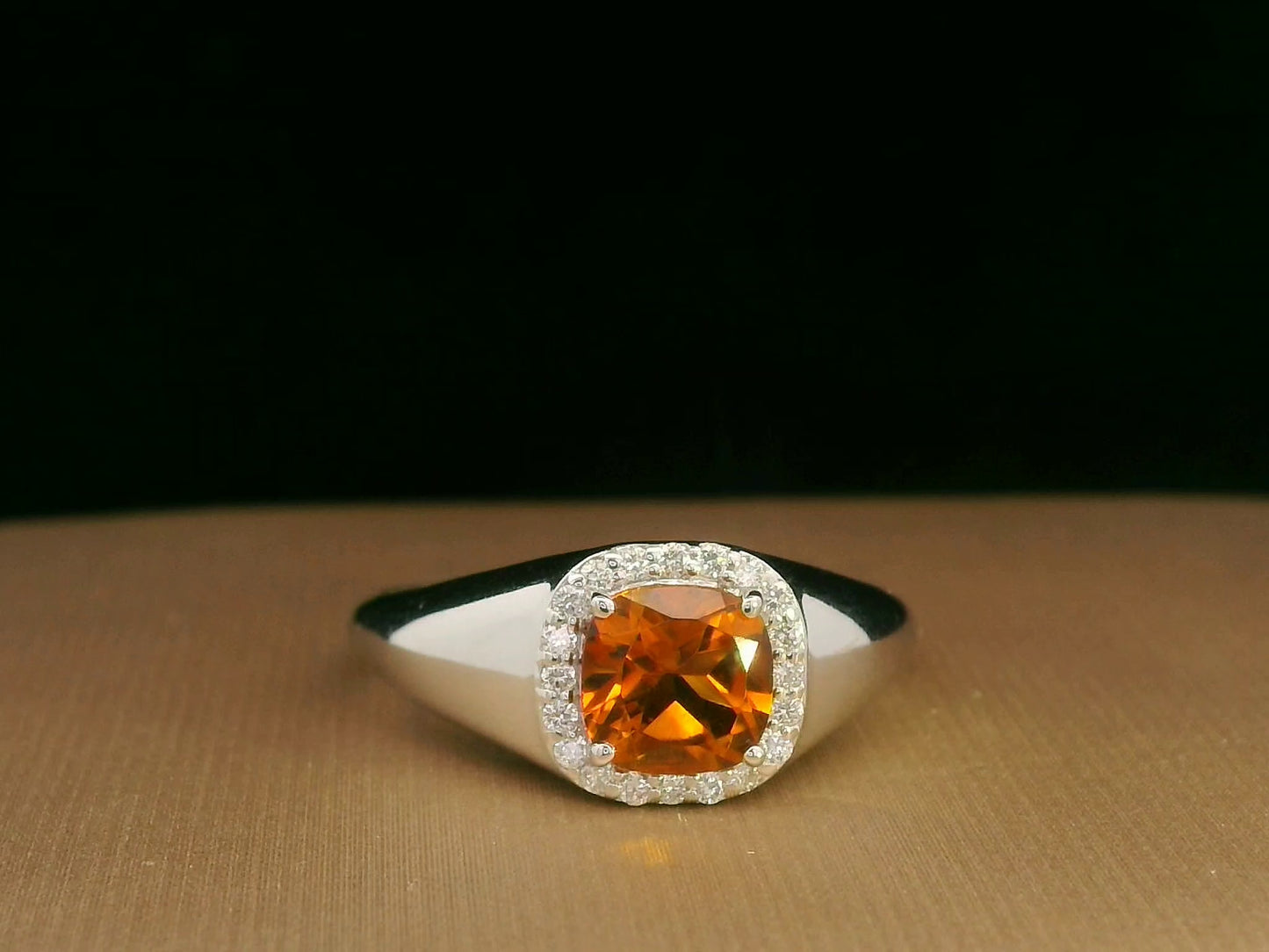 18K White Gold Cushion-Cut Citrine and Diamond Halo Ring