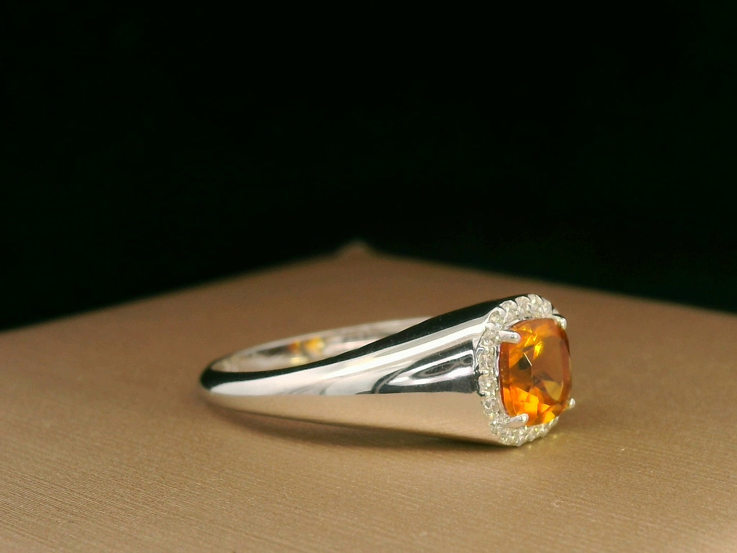 18K White Gold Cushion-Cut Citrine and Diamond Halo Ring