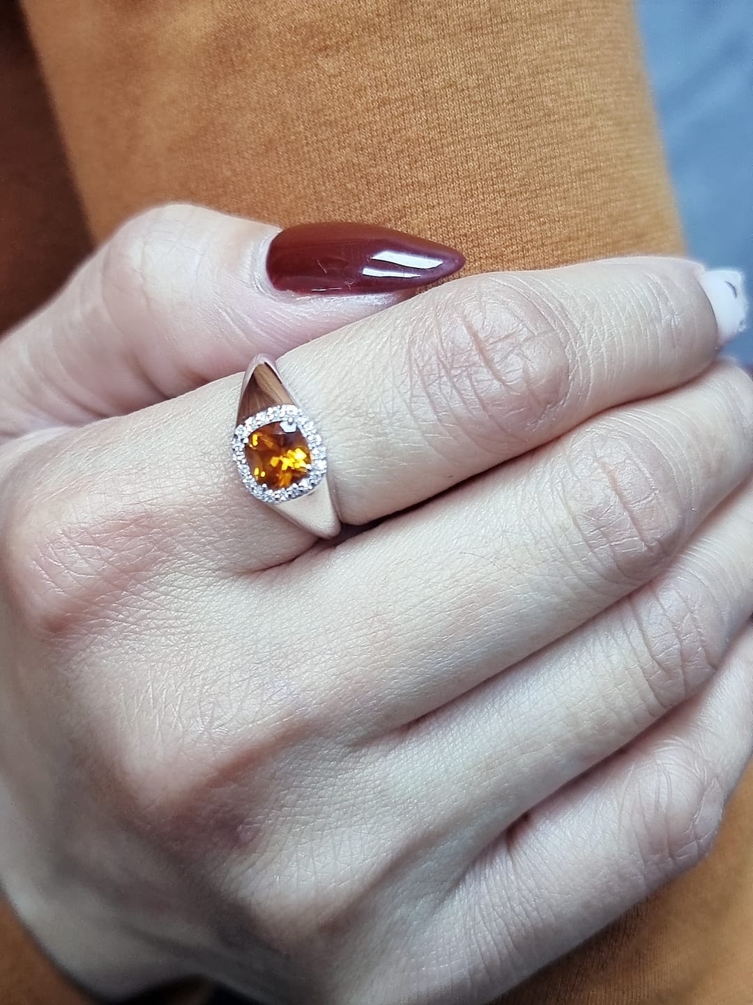 18K White Gold Cushion-Cut Citrine and Diamond Halo Ring