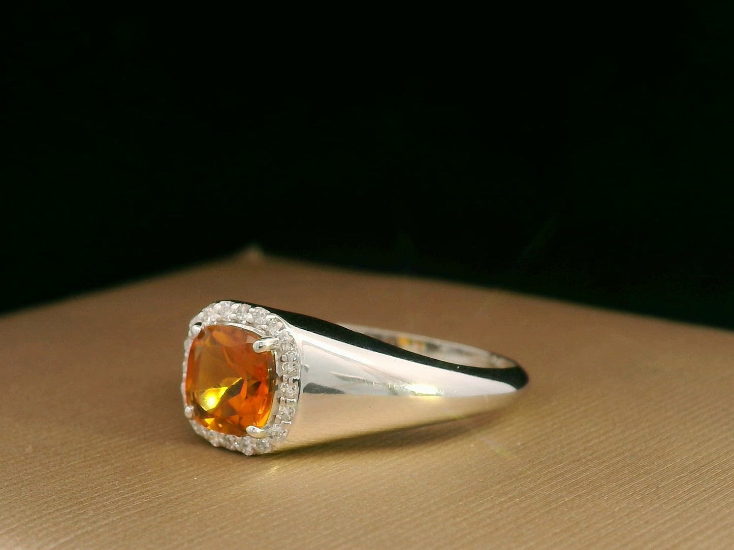 18K White Gold Cushion-Cut Citrine and Diamond Halo Ring