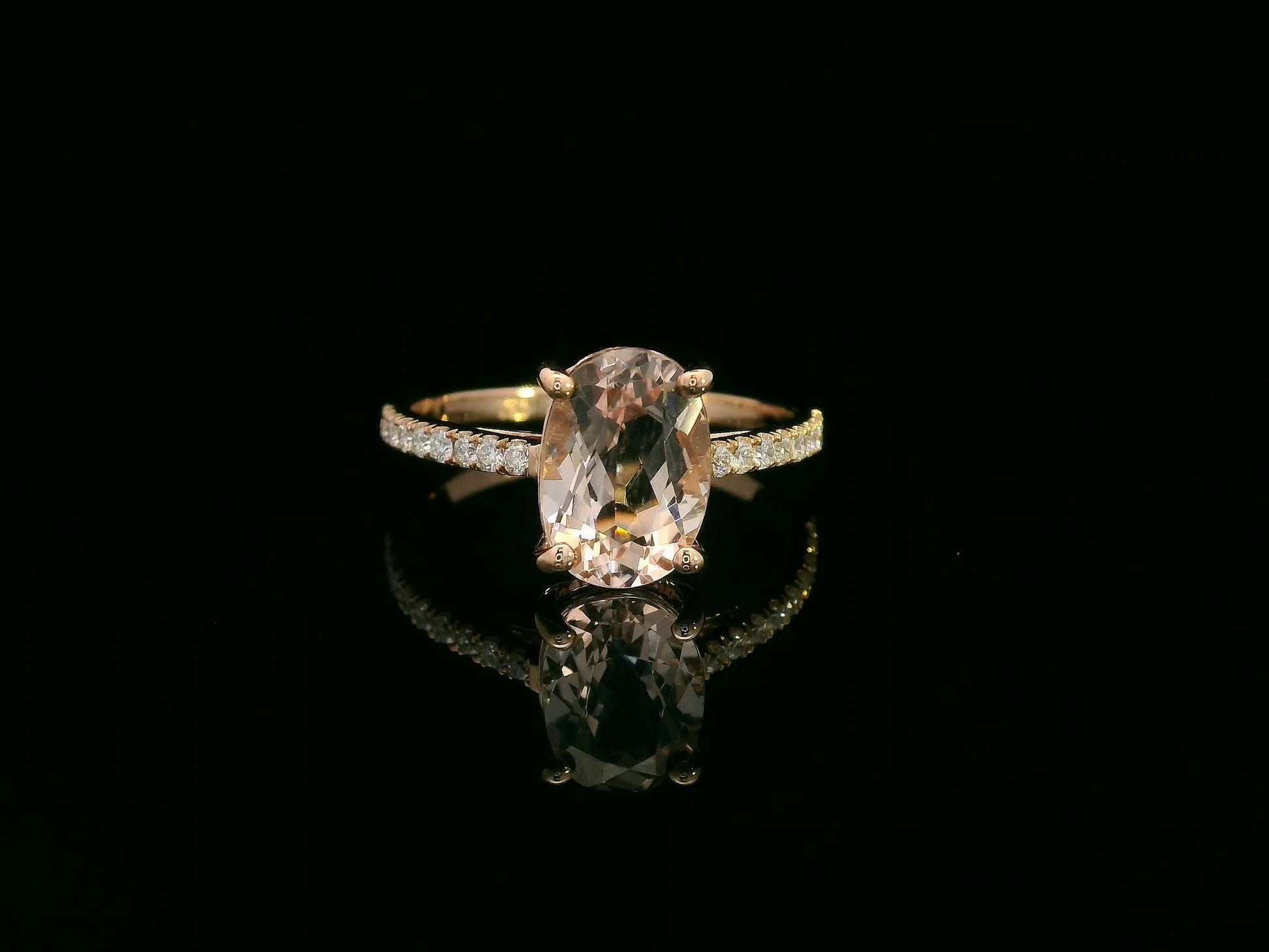 18K rose gold ring with 2.13 carat oval morganite and 0.21 carat diamond accents, elegant contemporary design