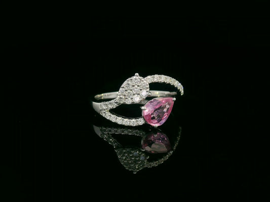 Pink sapphire and diamond bypass ring in 18K white gold, toi et moi design