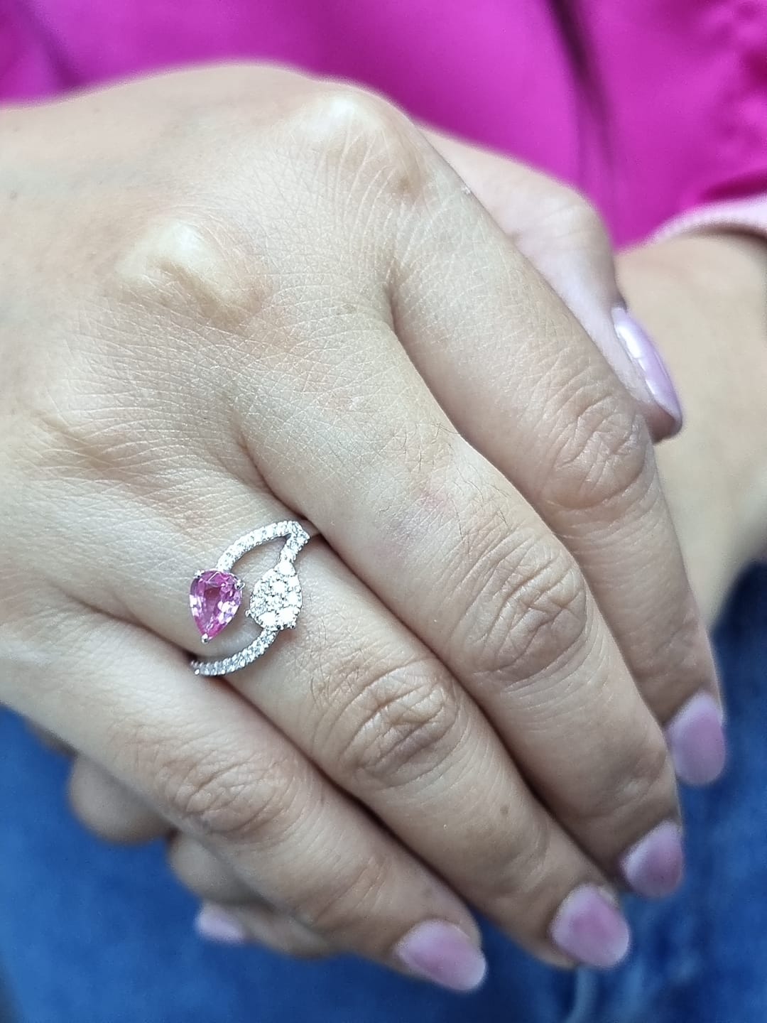 Pink sapphire and diamond bypass ring in 18K white gold, toi et moi design