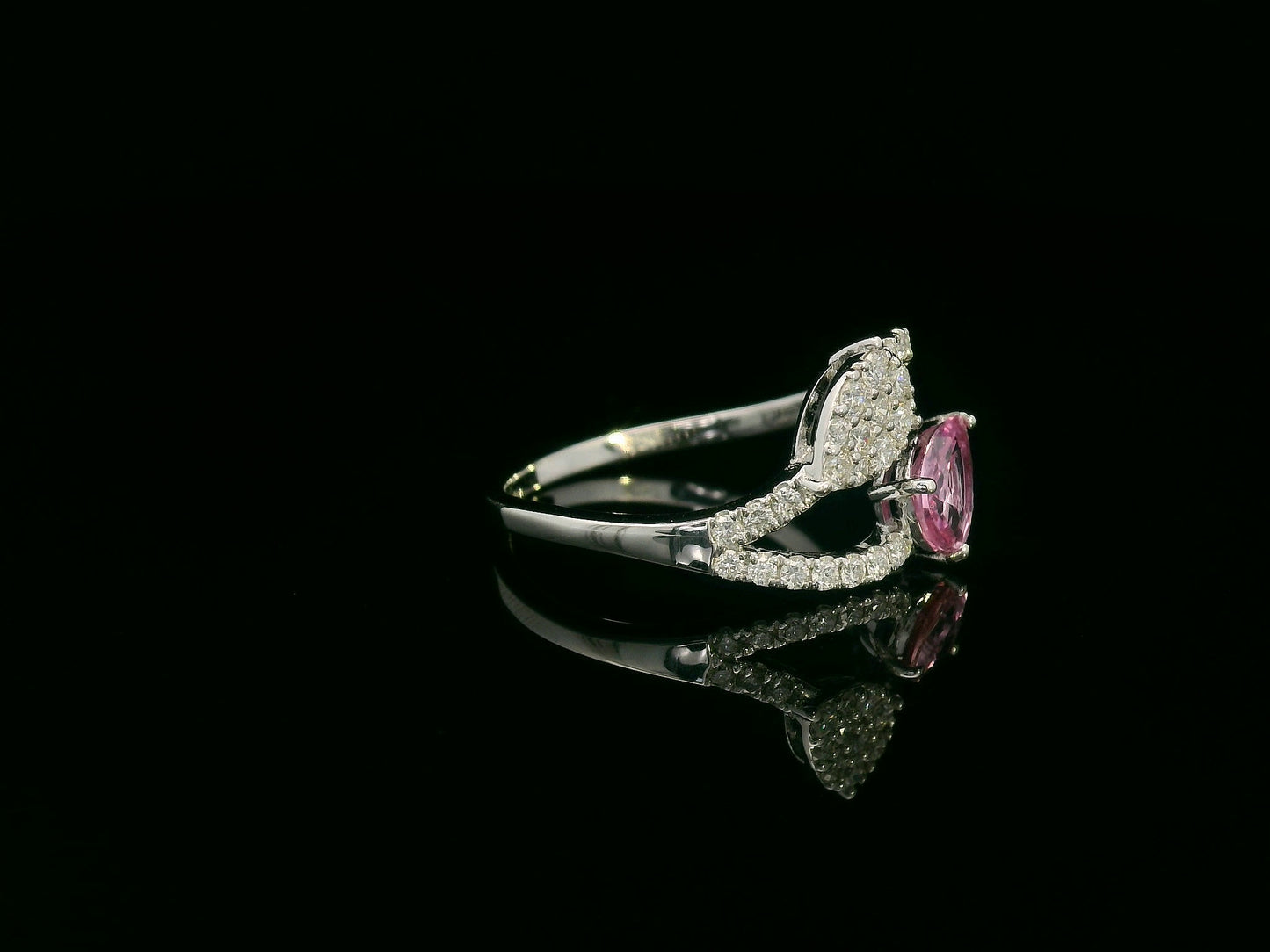 Pink sapphire and diamond bypass ring in 18K white gold, toi et moi design