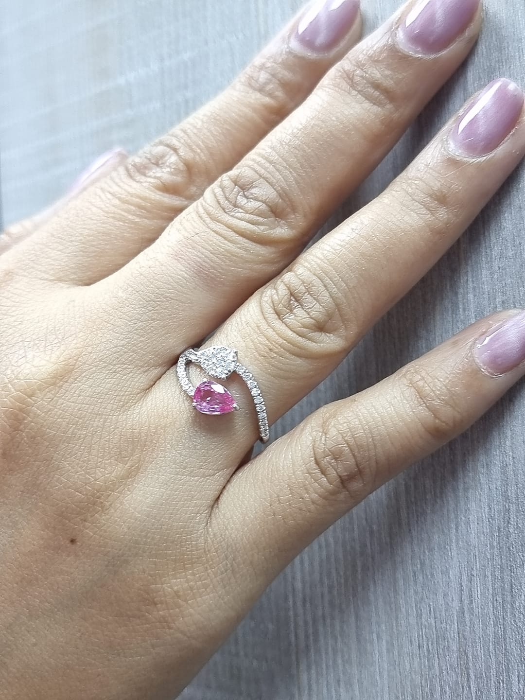 Pink sapphire and diamond bypass ring in 18K white gold, toi et moi design