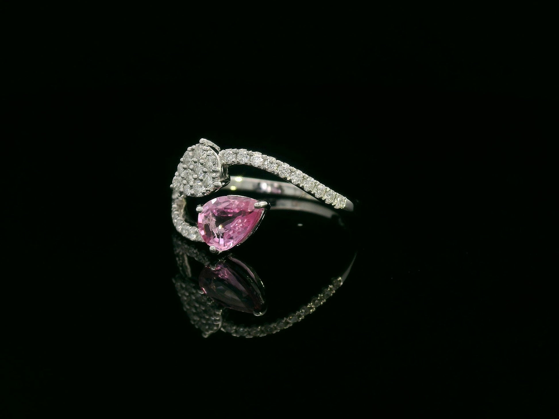 Pink sapphire and diamond bypass ring in 18K white gold, toi et moi design