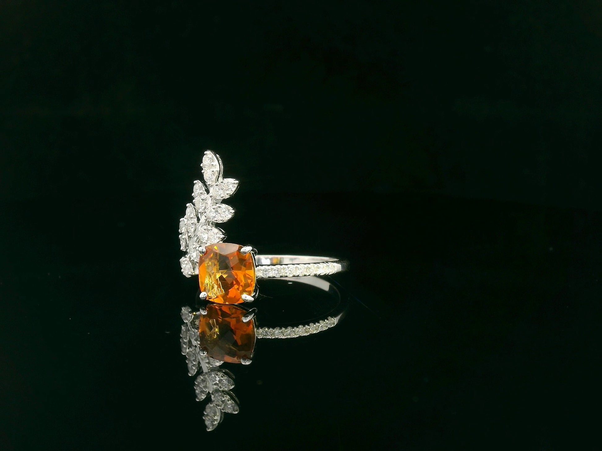 Cushion-cut citrine ring with marquise diamond leaf motif in 18K white gold