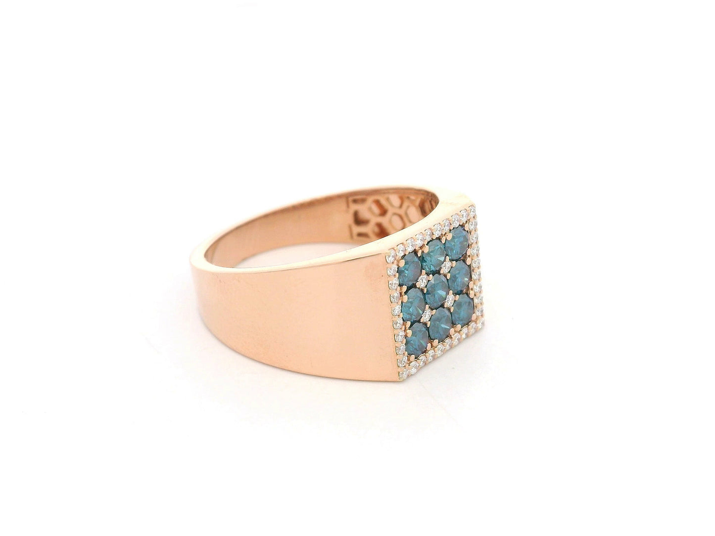Men’s statement ring in 18K rose gold with nine round-cut blue diamonds (0.82 carat) in a square cluster, surrounded by 0.19 carat white diamonds – Emirates Diamonds