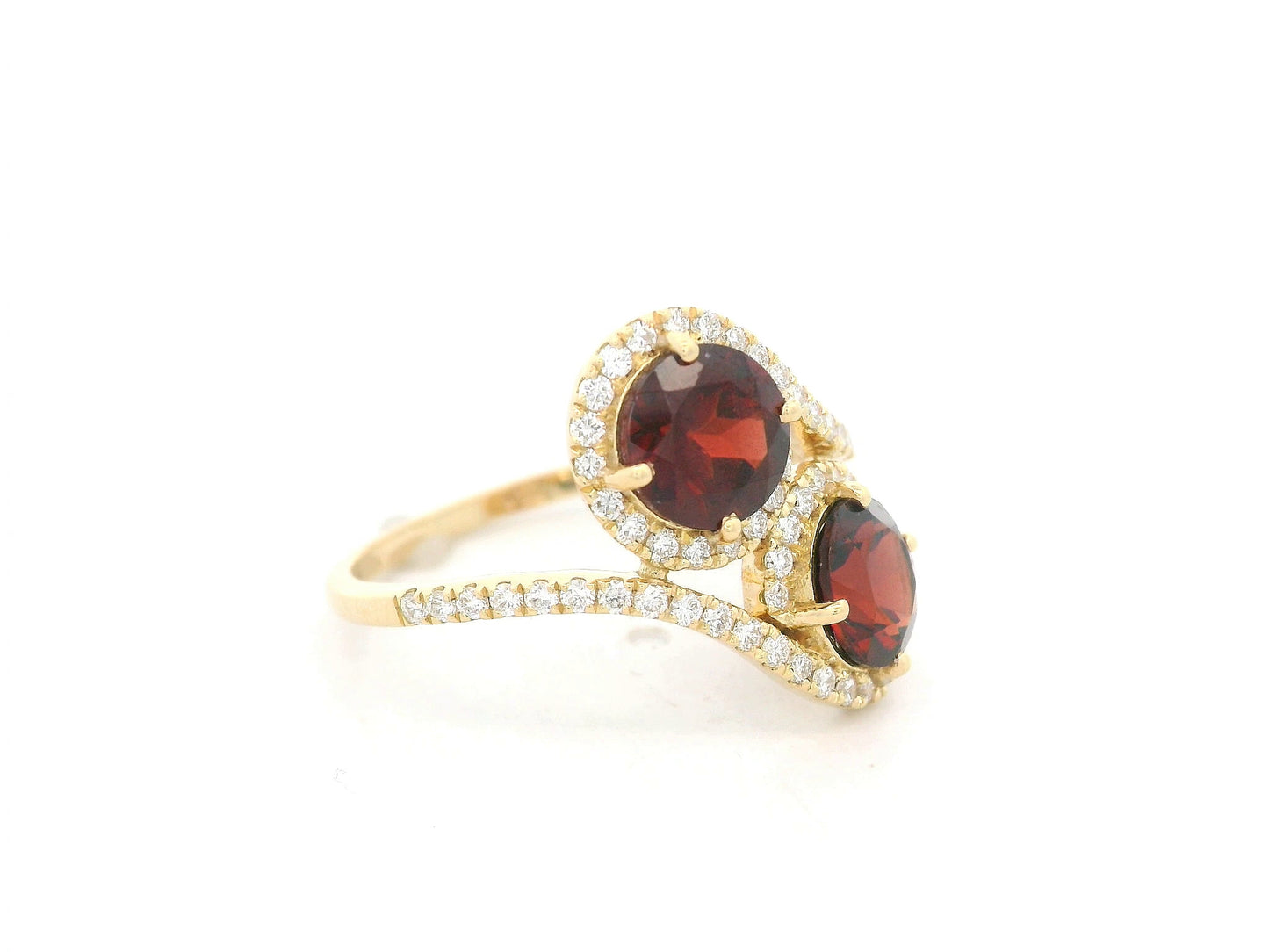 18K yellow gold double halo bypass ring with 2.79 carat red garnets and 0.33 carat diamonds, toi et moi statement design
