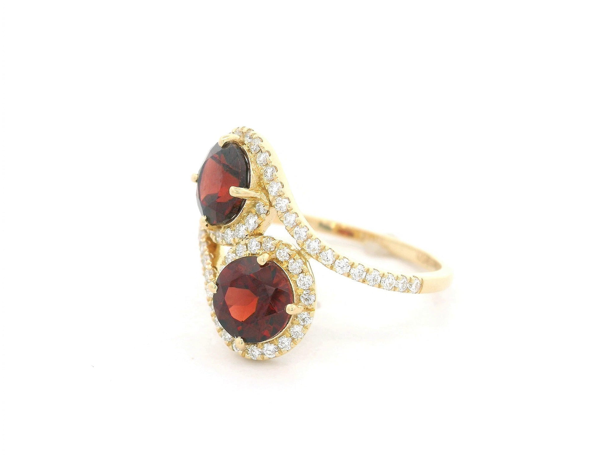 18K yellow gold double halo bypass ring with 2.79 carat red garnets and 0.33 carat diamonds, toi et moi statement design